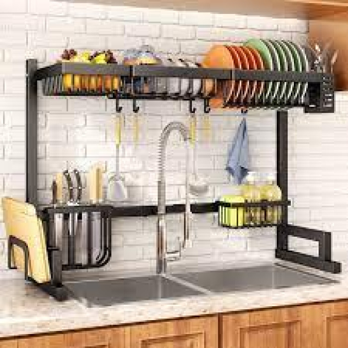 Металева дворівнева кухонна сушарка для посуду, полиця для столового приладдя