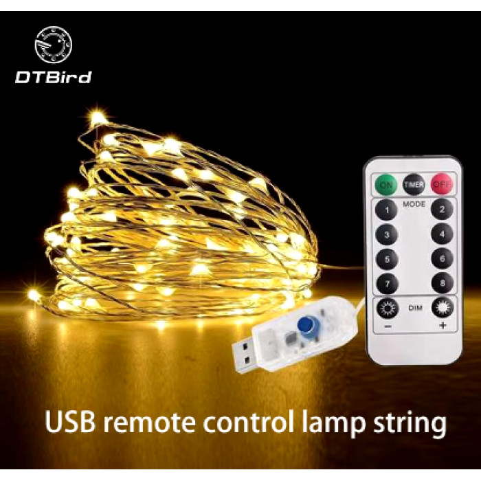 Гірлянда мідний дріт 5 м на USB + пульт (Теплий білий)