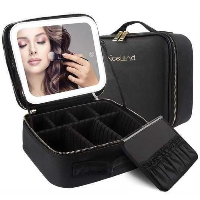 Дорожня ЧОРНА тканинна косметичка-валізатор із дзеркальцем Make Up