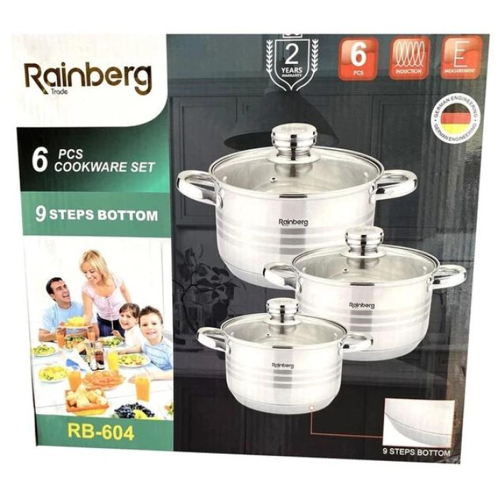 Набір каструль із неіржавкої сталі з кришками Rainberg RB-604