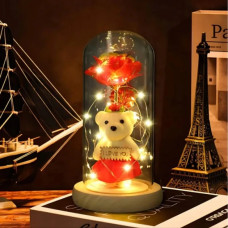 Кришталева троянда в колбі з ведмедиком і сердечком I Love You, червона, працює від батарейок