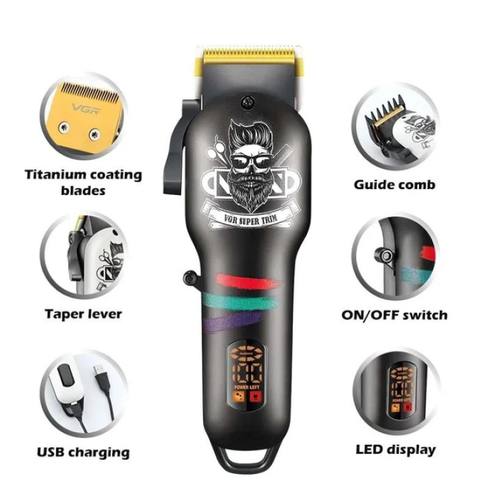 Аккумуляторная машинка с LED-дисплеем для стрижки волос и бороды VGR V-699