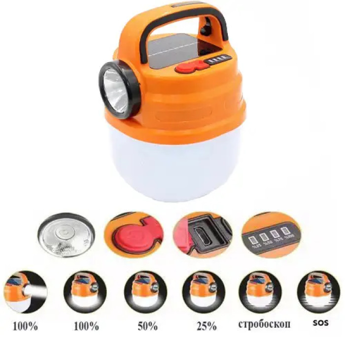 Ручной фонарь на аккумуляторе с солнечной панелью Hurry Bolt HB-V70