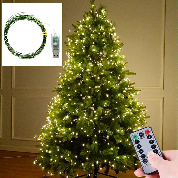 Гірлянда "Роса" зелений дріт — USB, з пультом д/у, тепле світло, 10 м, 300 діодів