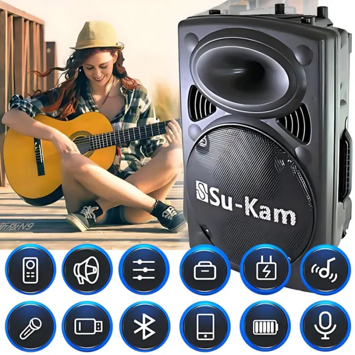 Портативная колонка Su-Kam BT 120D / 212D+ 2 микрофона 12v\220v