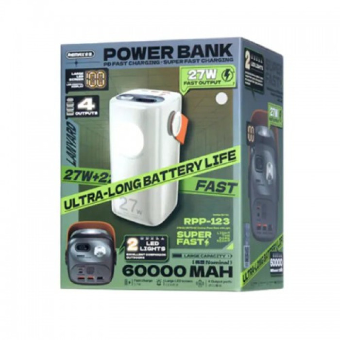 Power Bank Remax 27W 60000 mAh RPP-123 быстрая зарядка с фонариком