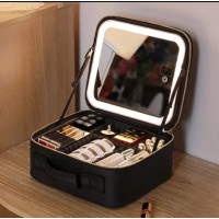 Дорожная ЧЕРНАЯ тканевая косметичка-чемоданчик с зеркальцем Make Up