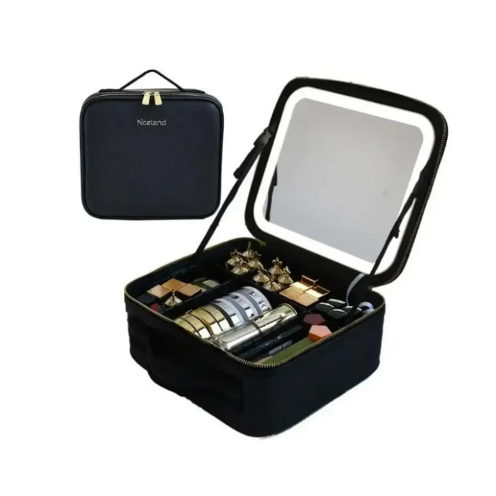 Дорожня ЧОРНА тканинна косметичка-валізатор із дзеркальцем Make Up
