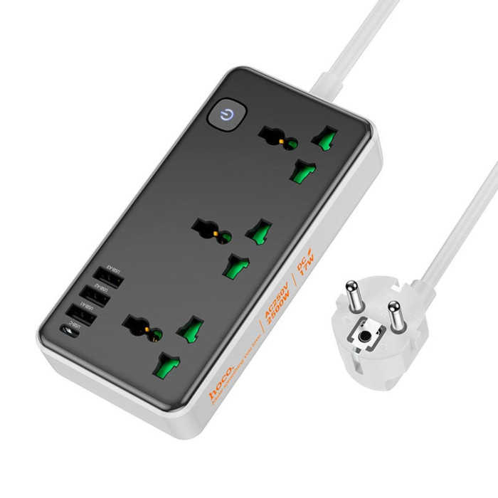 Мережевий фільтр Hoco AC7A Storm (3хРожетки/3хUSB/1хType-C) 2500W, 1,5 м