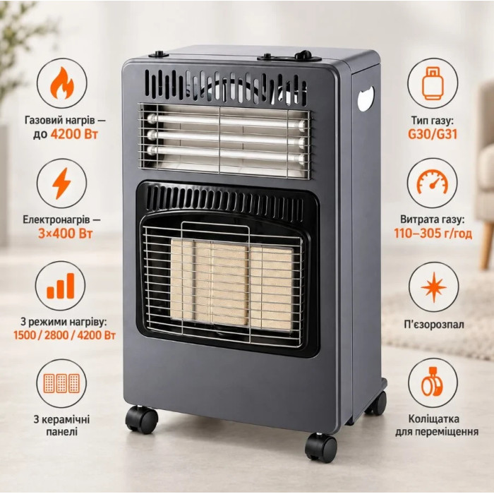 Газово-електричний нагрівач 2 в 1 Domotec MS-6607, 4200W